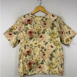 Cottagecore Studio A Womens Small Cream Floral 100% Silk Short Sleeve Blouse Top
